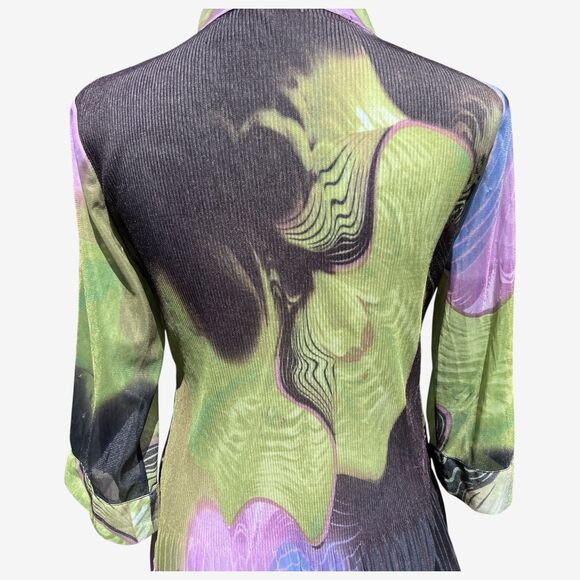 Lindi  green purple  3/4 Roll-Up Sleeve Drape Pleat Tunic Top M - Picture 3 of 7